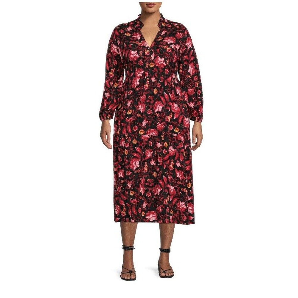 Terra & Sky Women Plus Size 0X Peasant Midi Dress Printed Floral Long Sleeve